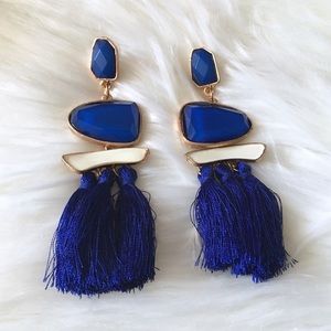 Gemstone Tassel Statement Earrings Blue Gold